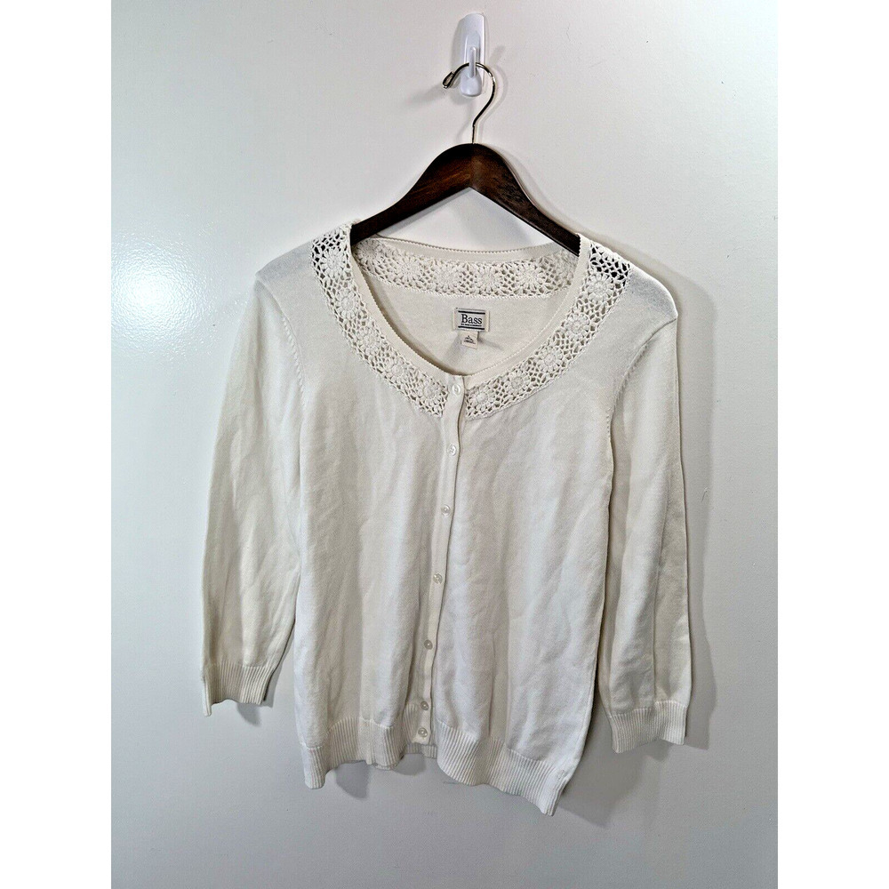 Bass Women’s Cardigan Size L Cream Crochet Cottagecore Farmcore Romantic Country